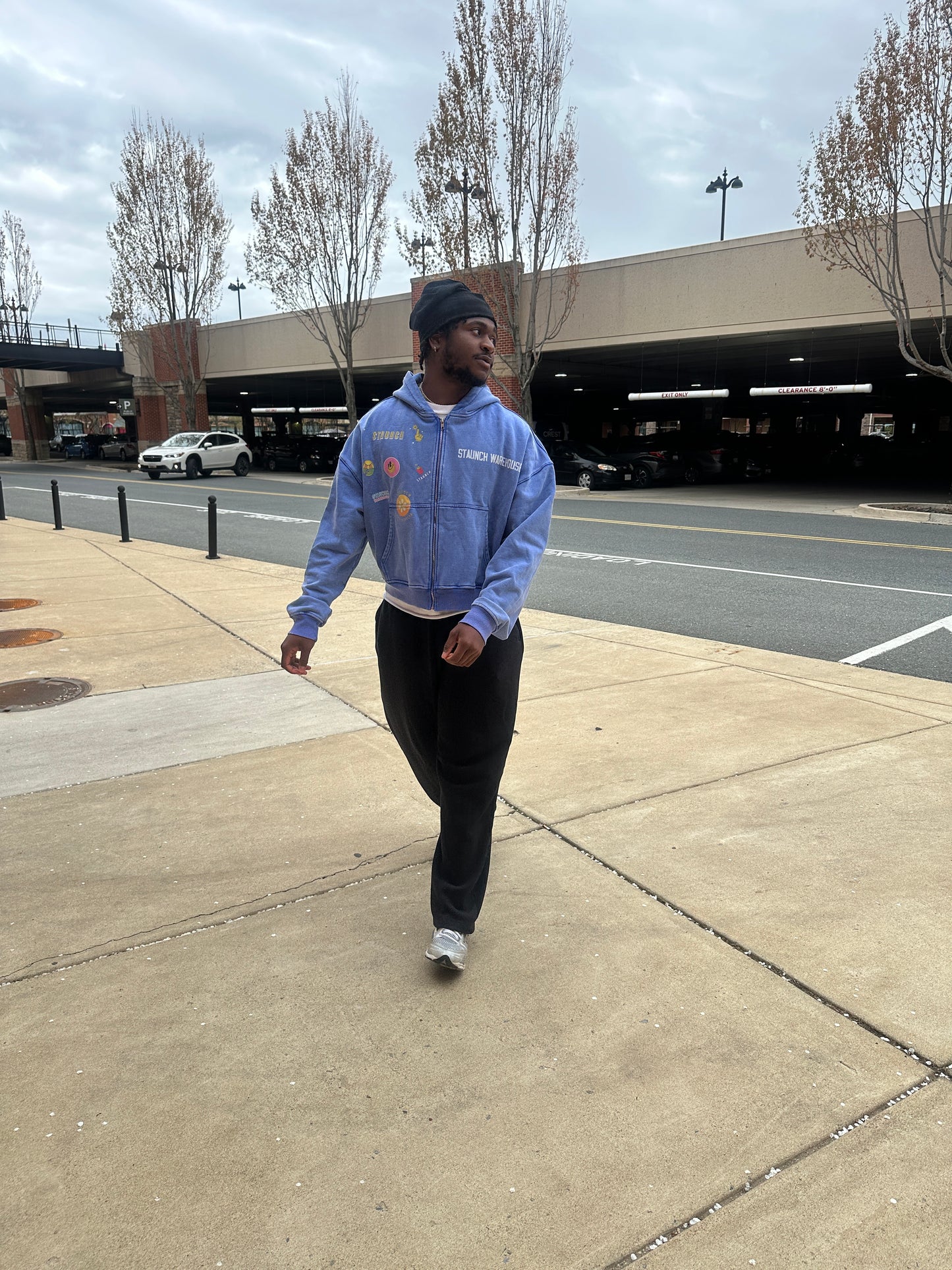 Stonewashed blue “Staunch Warehouse” graphic cropped hoodie