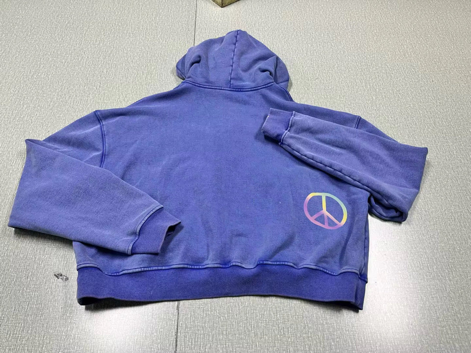 Stonewashed blue “Staunch Warehouse” graphic cropped hoodie