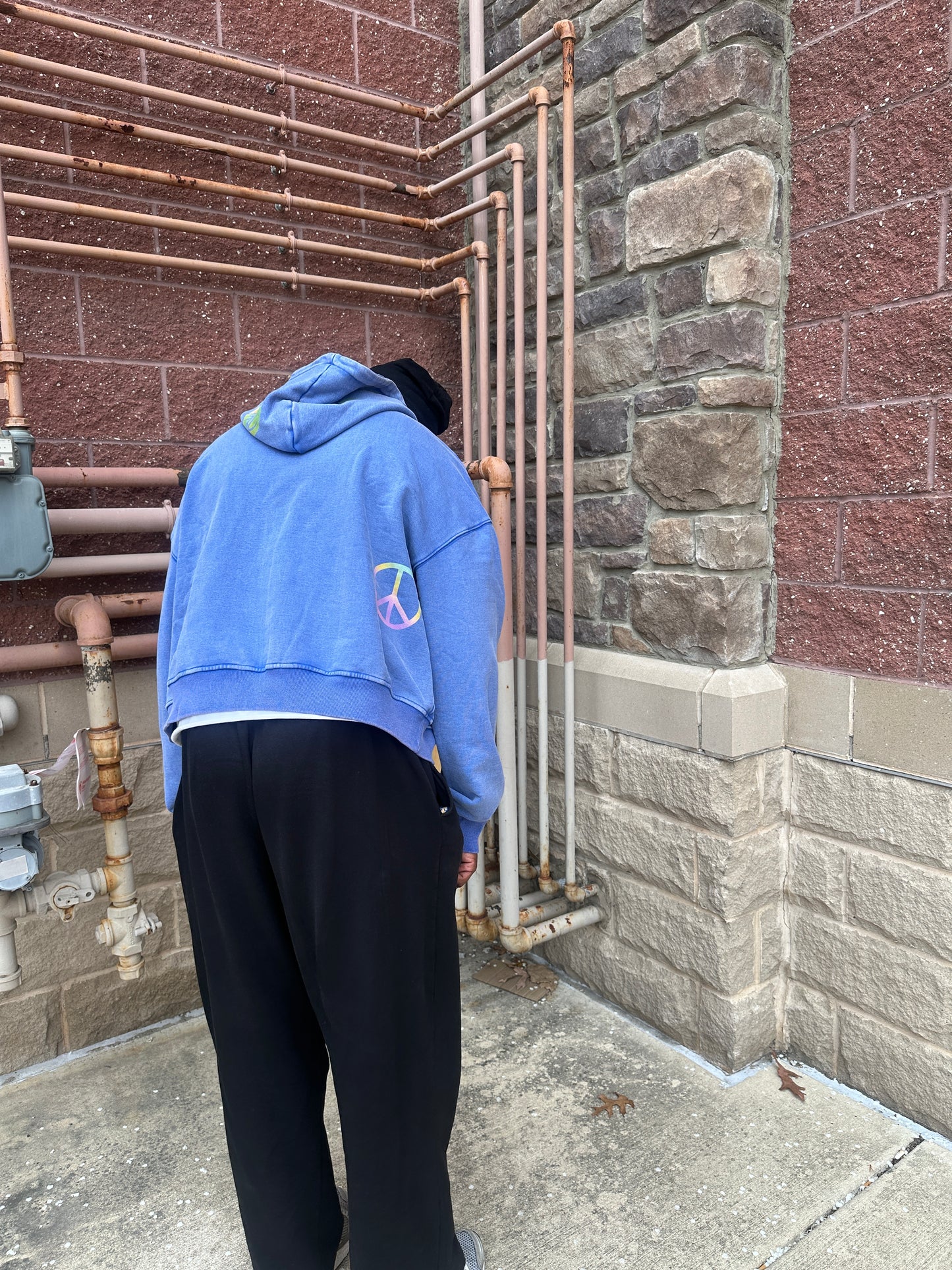 Stonewashed blue “Staunch Warehouse” graphic cropped hoodie