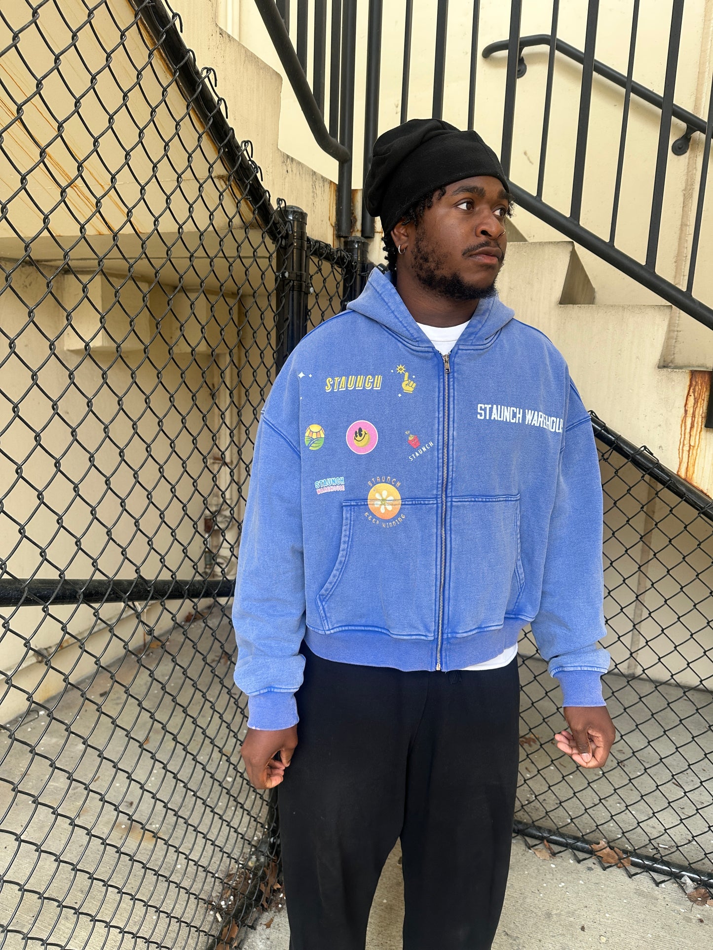 Stonewashed blue “Staunch Warehouse” graphic cropped hoodie