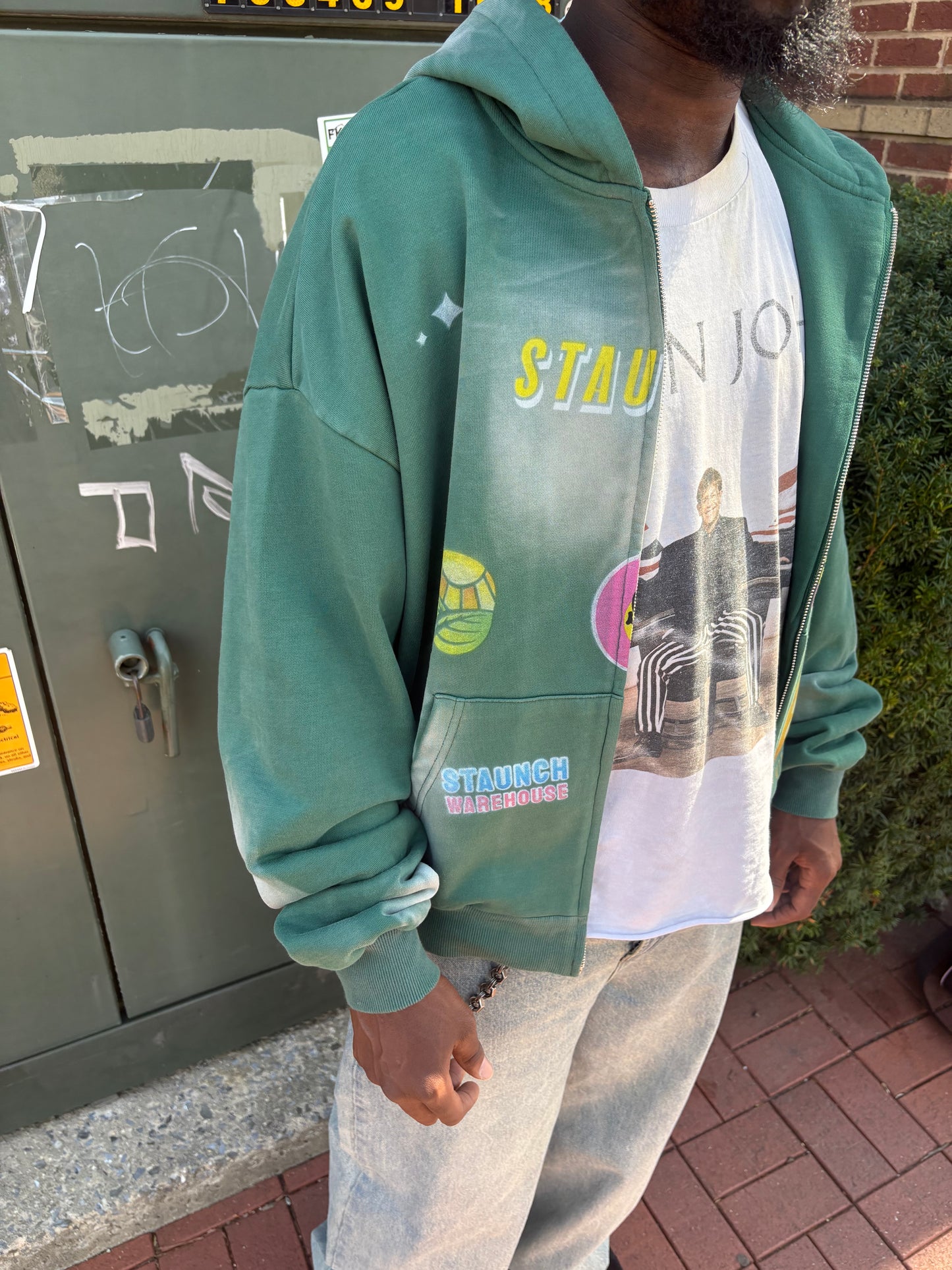Acid washed Green “Staunch Warehouse” graphic cropped hoodie