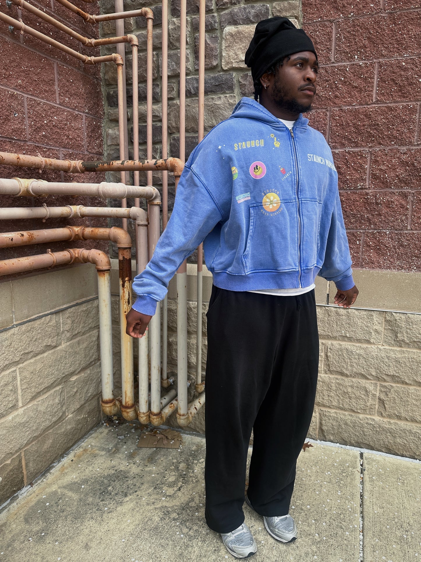Stonewashed blue “Staunch Warehouse” graphic cropped hoodie