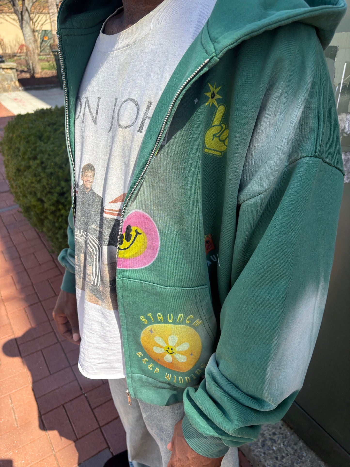 Acid washed Green “Staunch Warehouse” graphic cropped hoodie