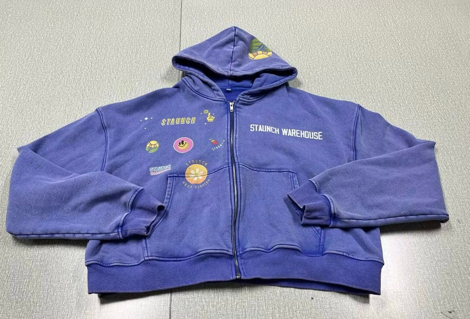 Stonewashed blue “Staunch Warehouse” graphic cropped hoodie