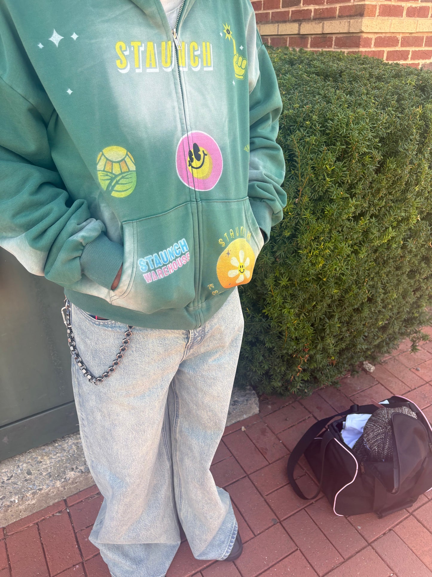 Acid washed Green “Staunch Warehouse” graphic cropped hoodie