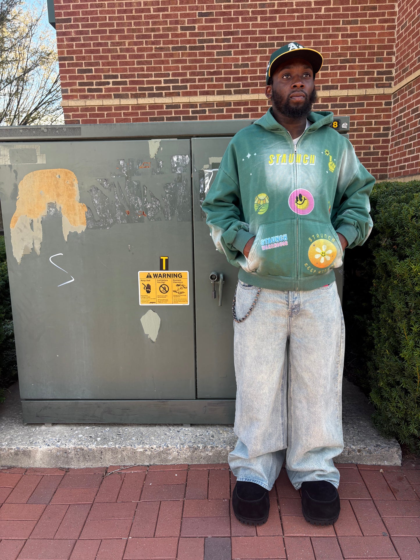 Acid washed Green “Staunch Warehouse” graphic cropped hoodie