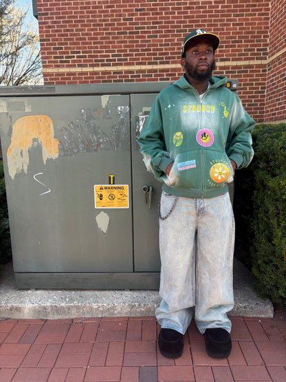 Acid washed Green “Staunch Warehouse” graphic cropped hoodie